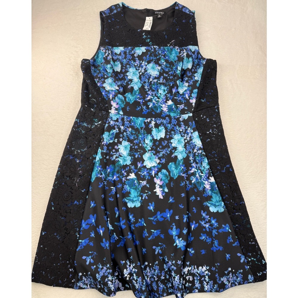 Floral Fit and Flare Lace Trim Dress Women 18W Blue Black Cottage Wedding Guest